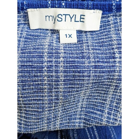 My Style Tiered Blouse Peasant Top Womens Plus Size 1X Blue Striped Puff Sleeeve - Picture 6 of 6